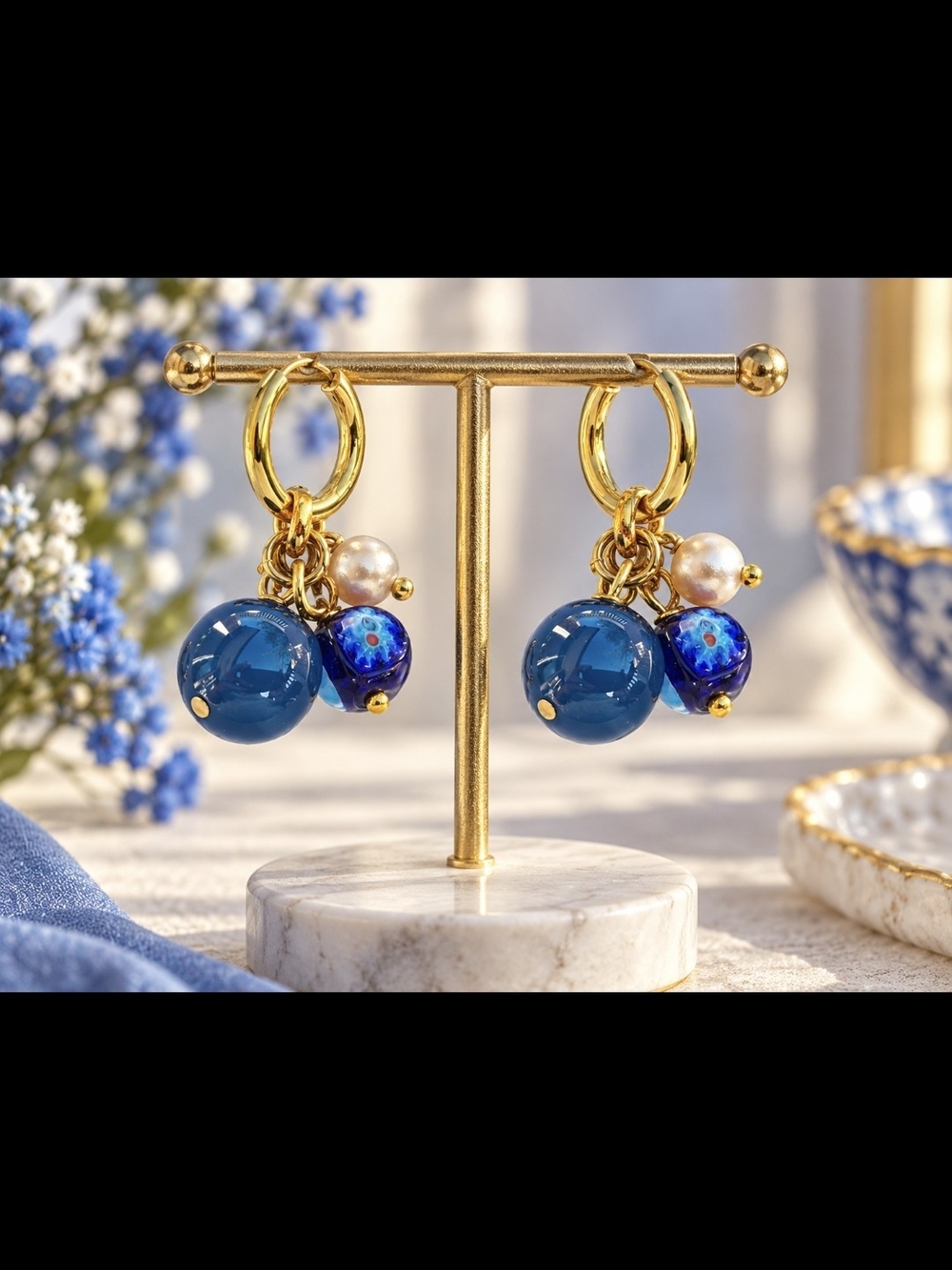 18k Goldplated Hoop Earrings with Blue onyx Murano Millifiori Glass Pearl Charms